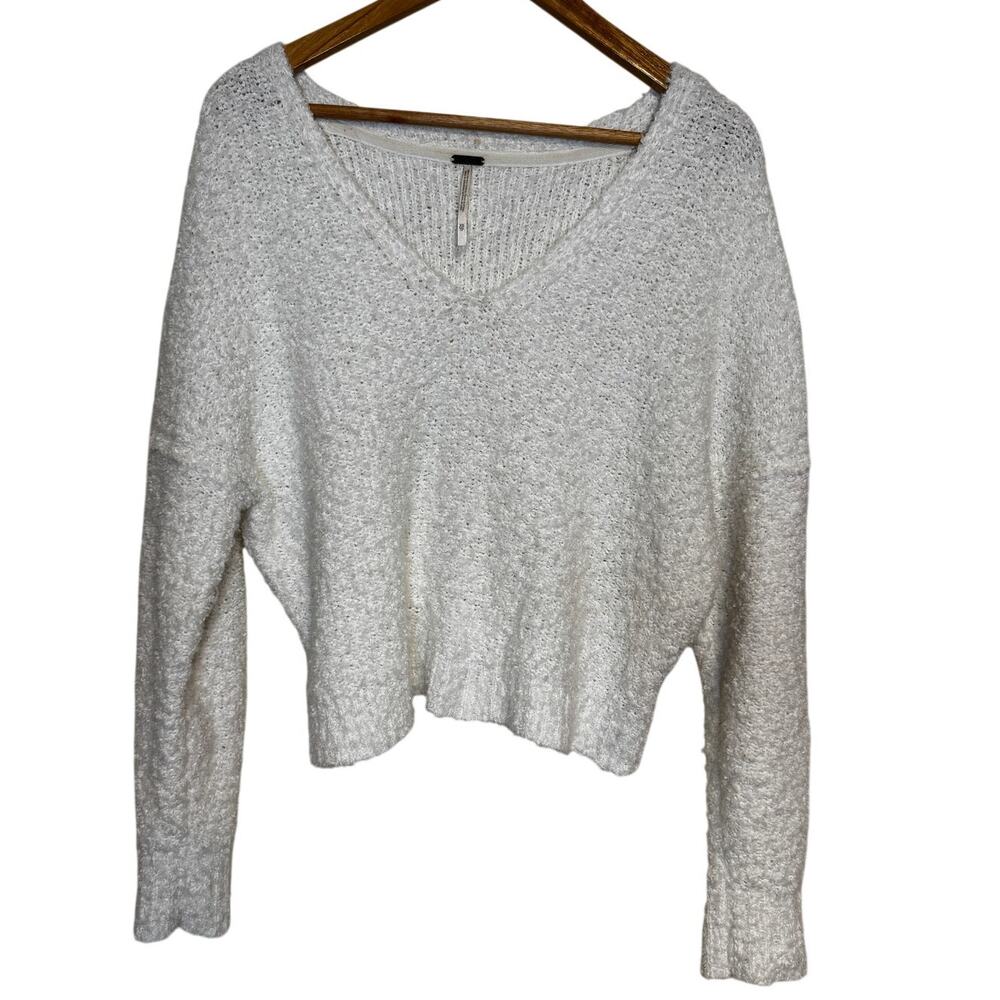 Free People Reverie V-Neck Sweater Vanilla White Shaggy Nubby Crop Knit M - Picture 2 of 4